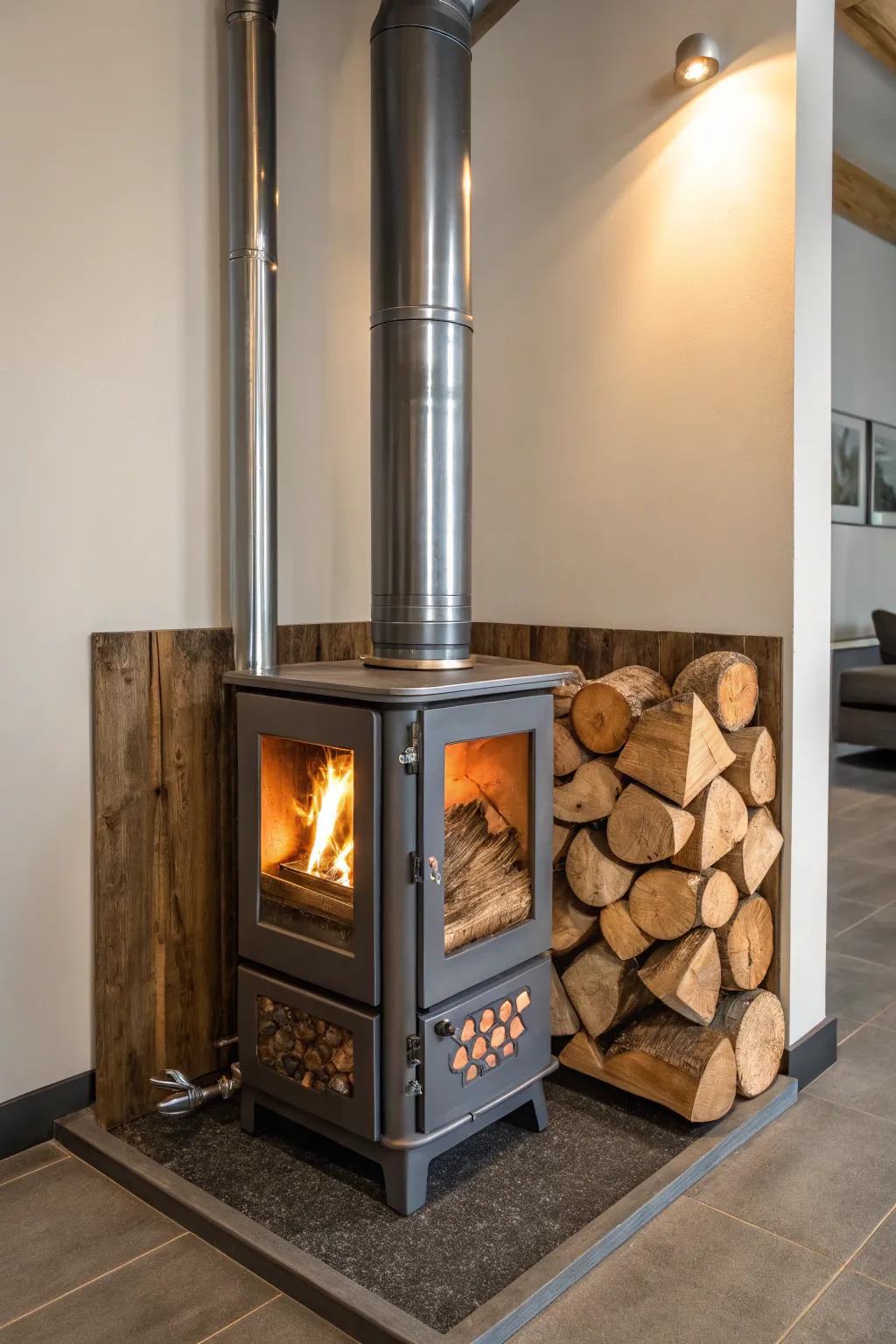 Industrial metal touches enrich your hearth corner.