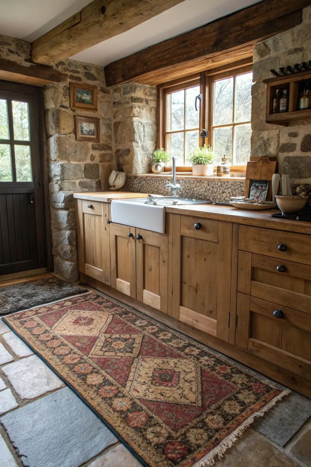 A textured rug injects warmth and color to the kitchen ground.