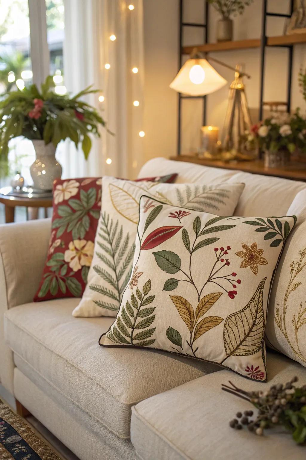 Natural theme pillows create a connection to the outdoors.