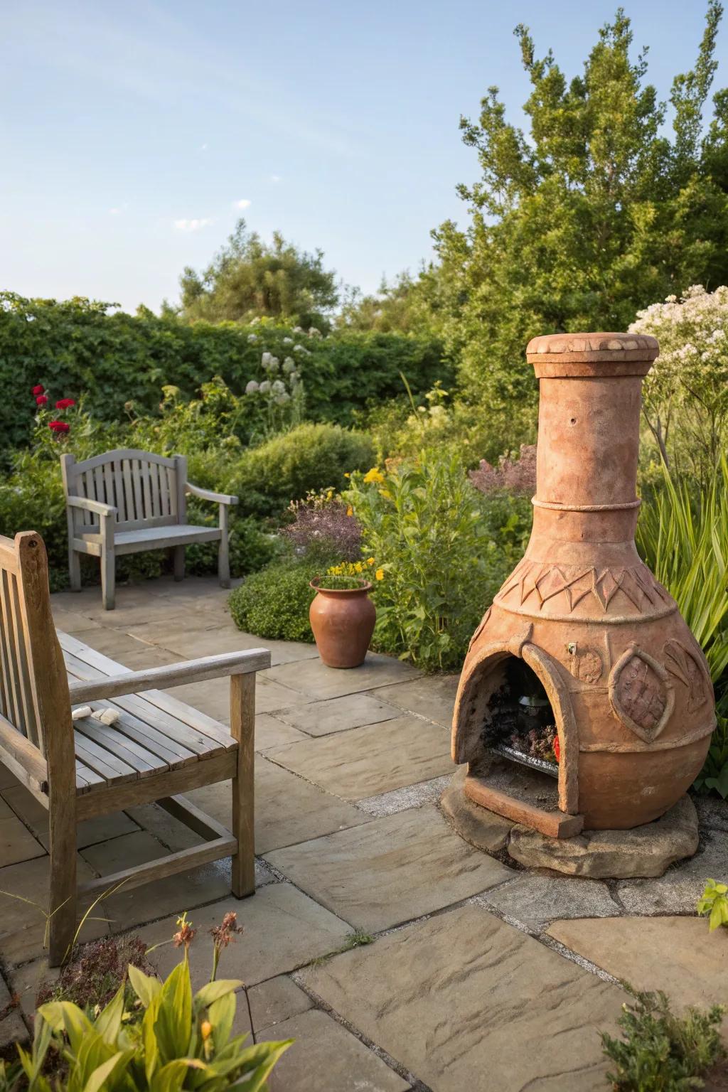 A countryside chiminea offers warmth and a traditional touch to your backyard.