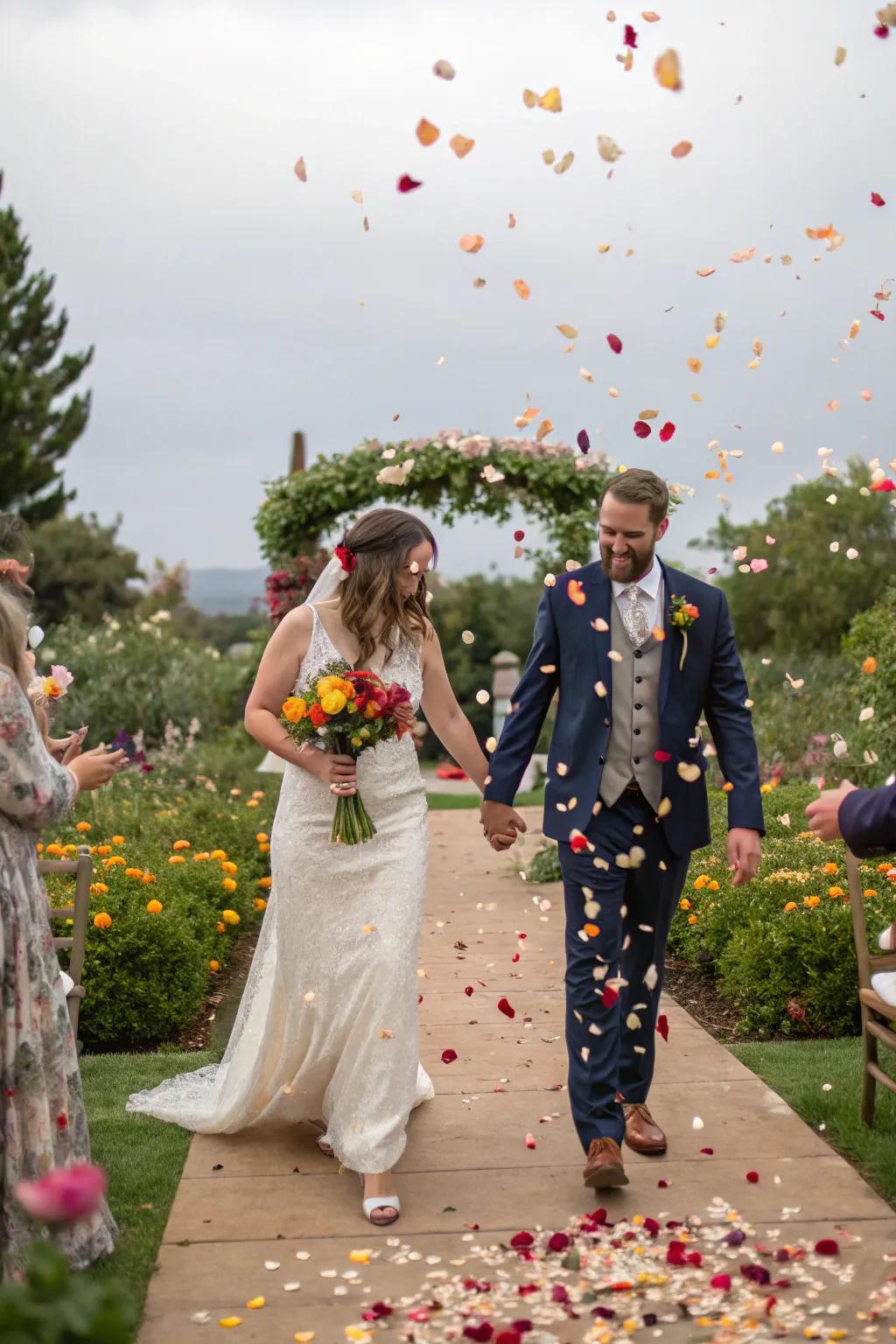 A romantic wedding departure with eco-conscious confetti crafted from desiccated blossom petals.