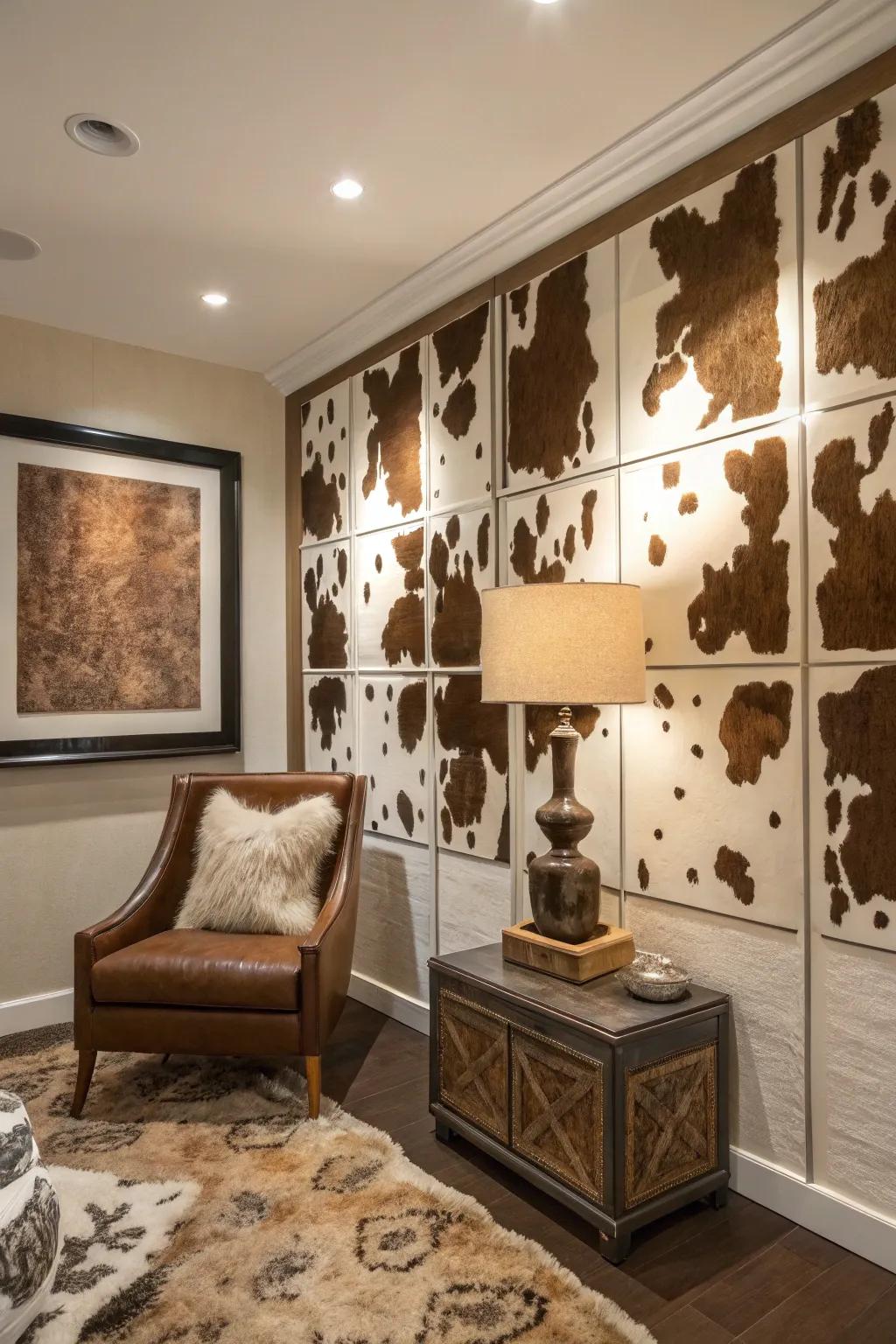 A room exhibiting realistic imitation hide wall aesthetic.