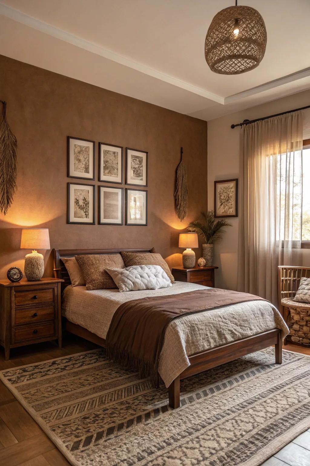 A bedroom designed with a peaceful single-hue brown theme.