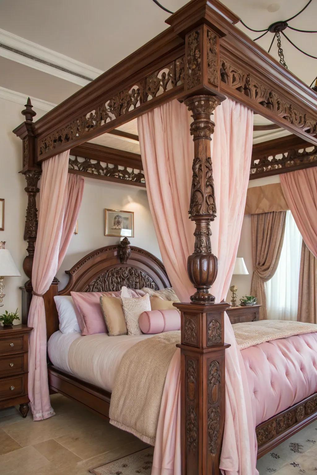 A towering-post resting place brings grandeur and becomes a commanding centerpiece.
