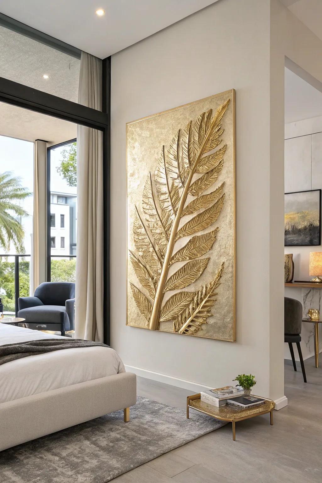 Gold leaf art bestows a modern and lavish element to the decor.