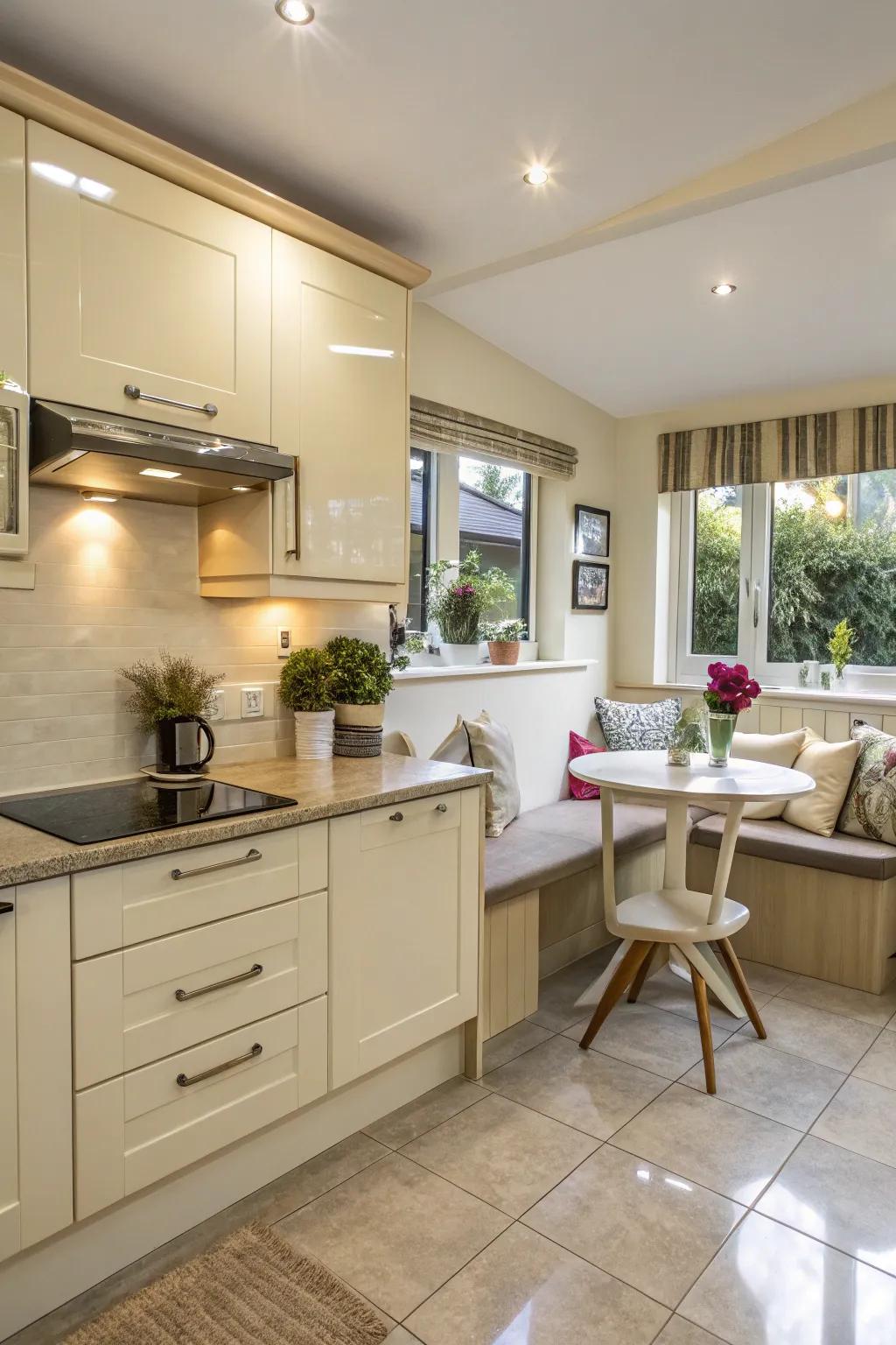 A cozy nook that adds warmth and makes a cream gloss kitchen more inviting.