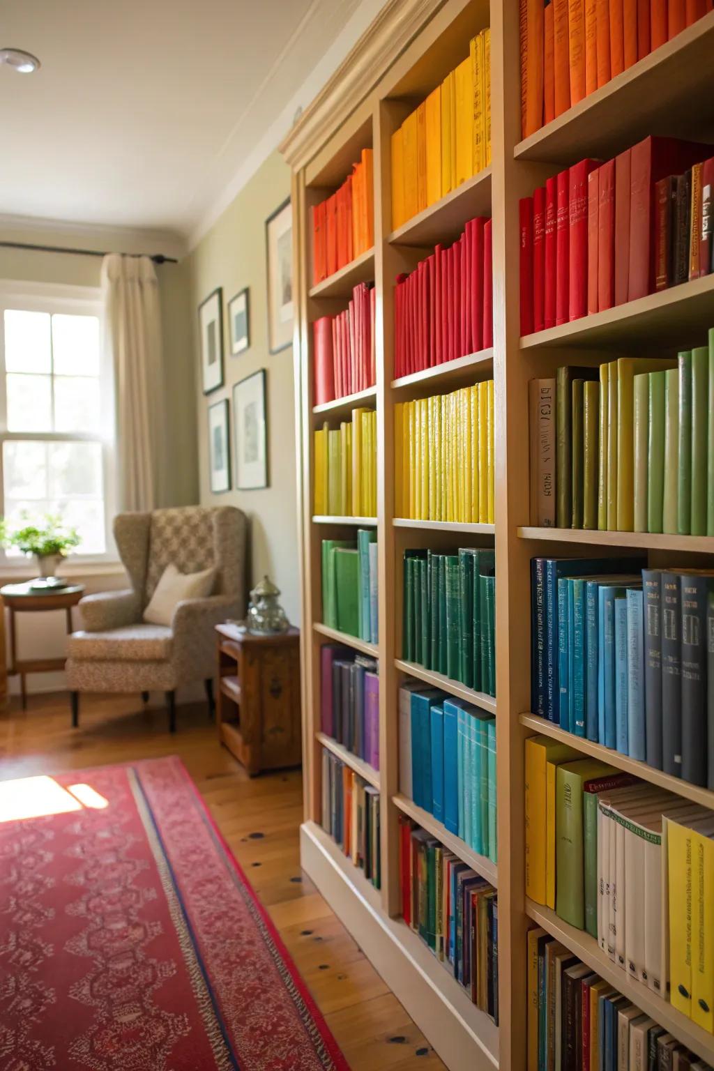 Color-coordinated bookshelves transform your collection into a work of art.
