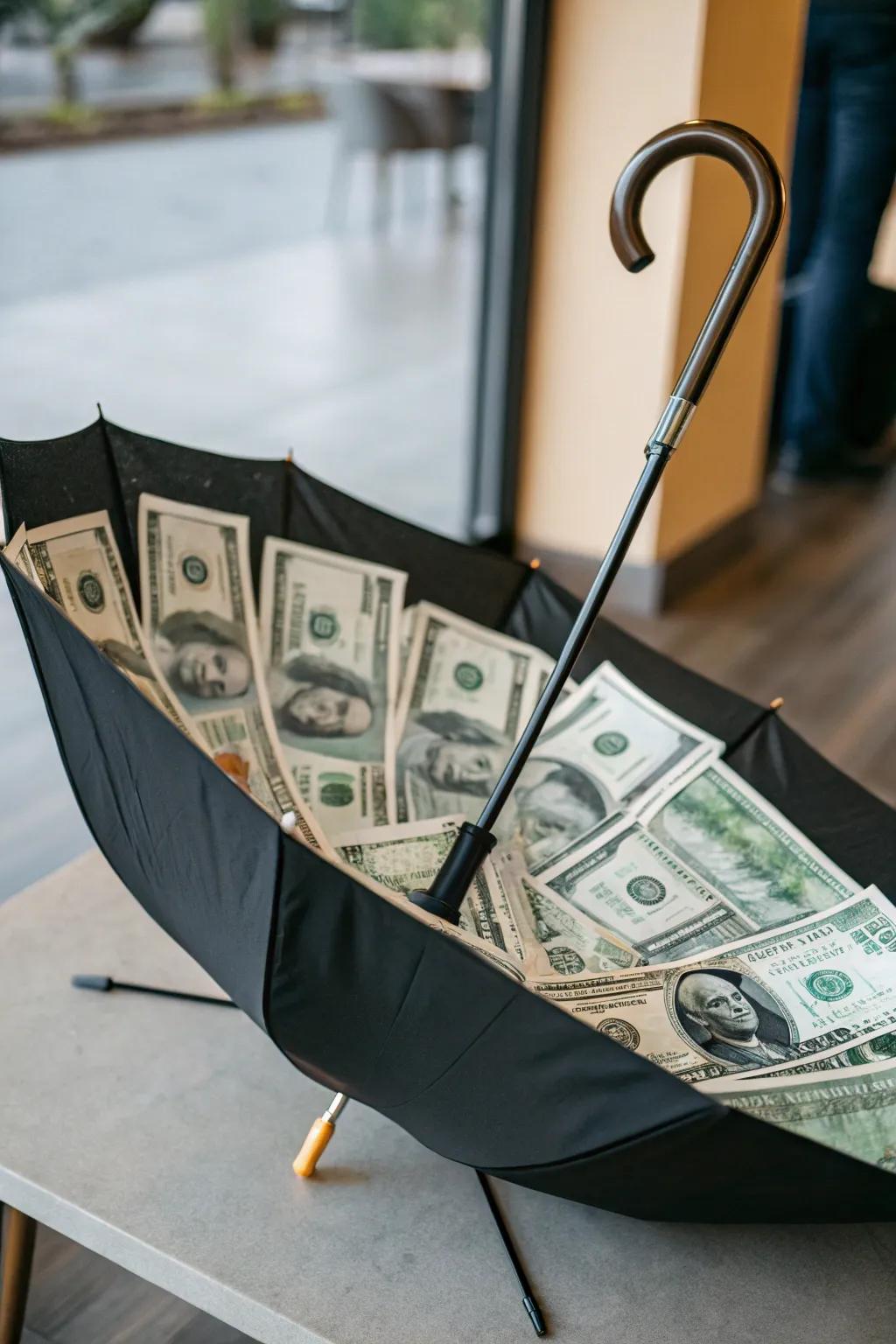 A parasol that 'rains' funds for a singular astonishment.