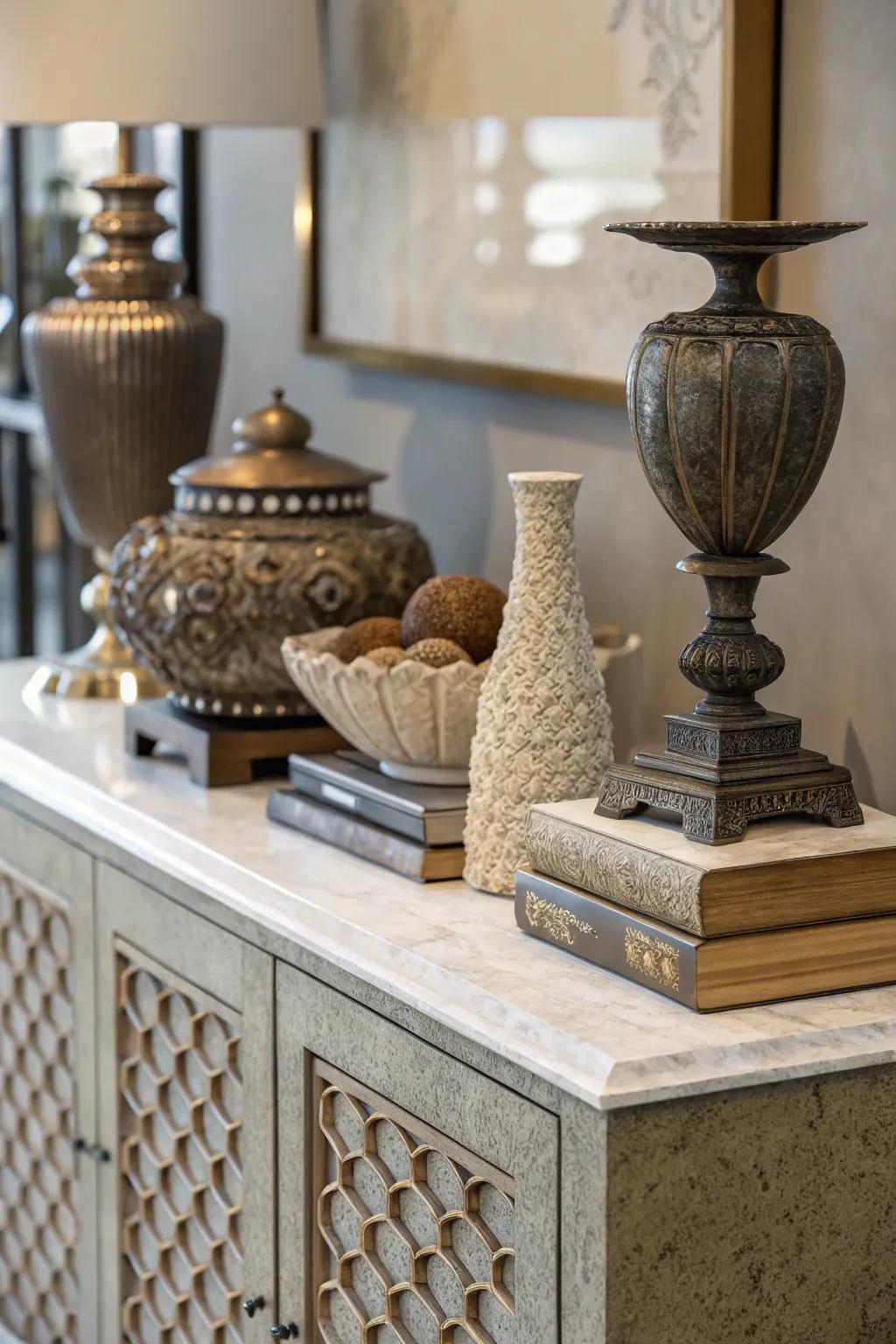 A sideboard creatively styled with unique materials.