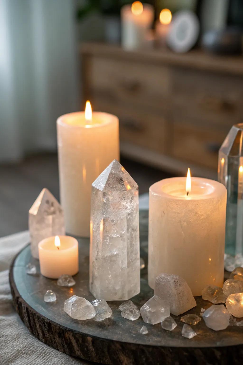 Clear quartz crystals enhancing the radiance of candlelight.