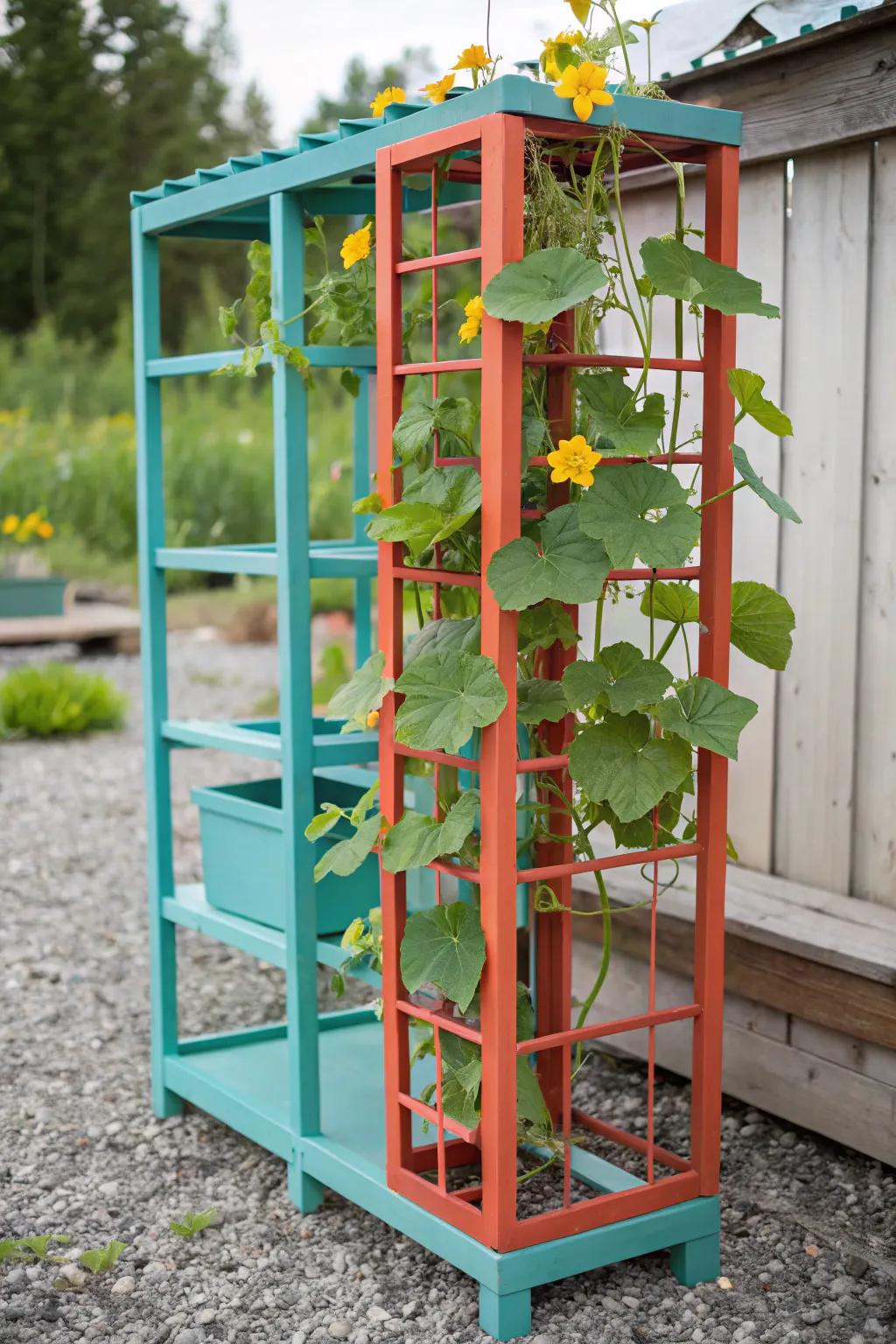 With a colorful, repurposed indoor organizer trellis that combines functionality with artistic flair, you can transform your garden!