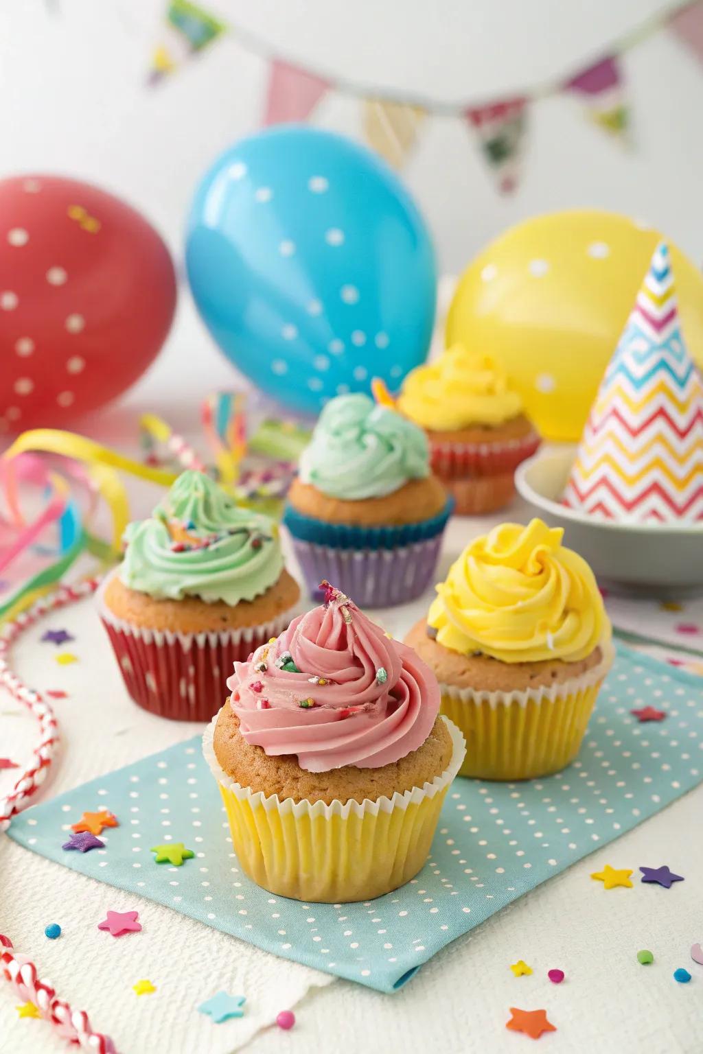 The party atmosphere is enhanced by the tablecloths and backdrops.