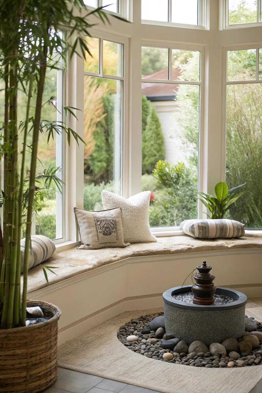 A serene Zen meditation spot within a curved bay window.