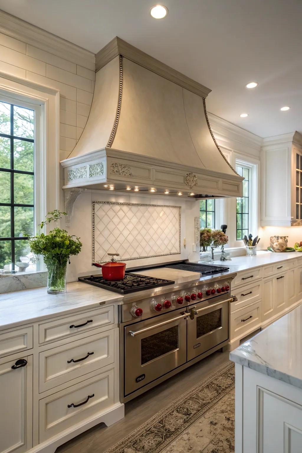 Oversized range hoods render a daring, enthralling statement.