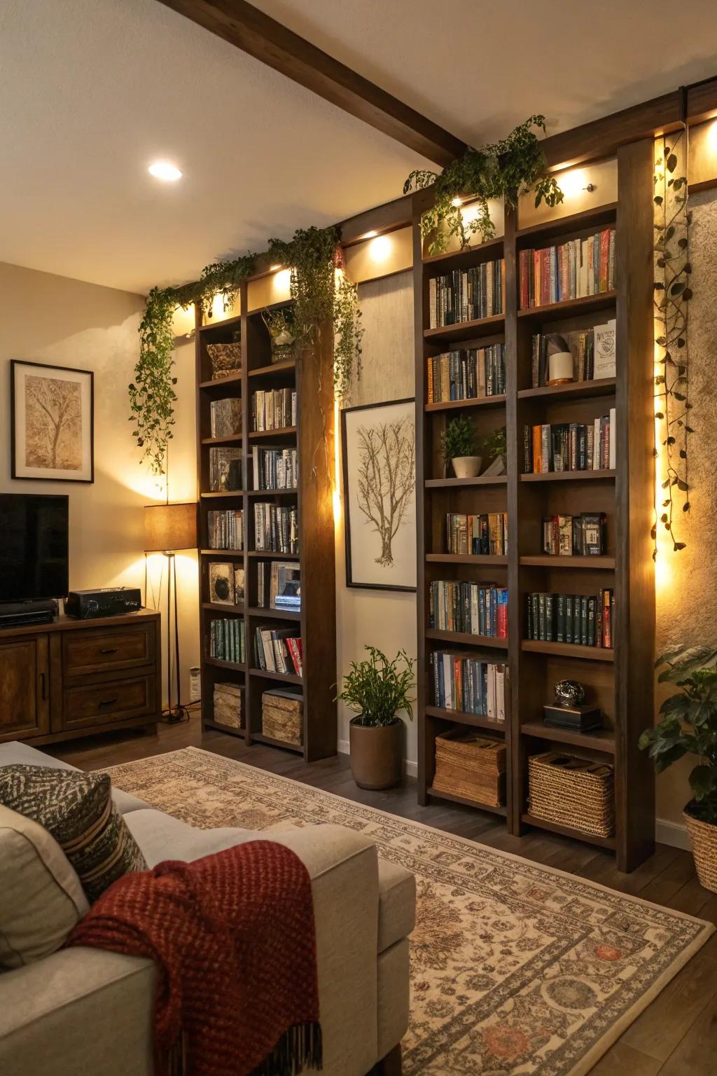 Vertical components that draw the gaze upward and enlarge the space.
