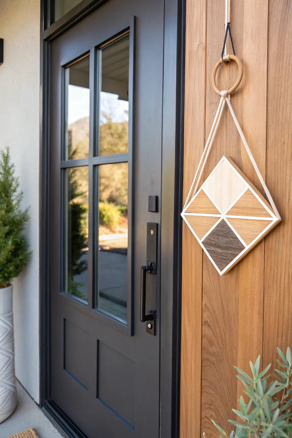 A geometrical timber door hanger that adds artistic flair.