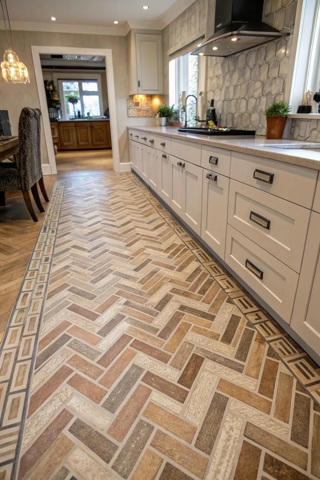 Patterned floor tiles enrich through refinement as well as visual intrigue.