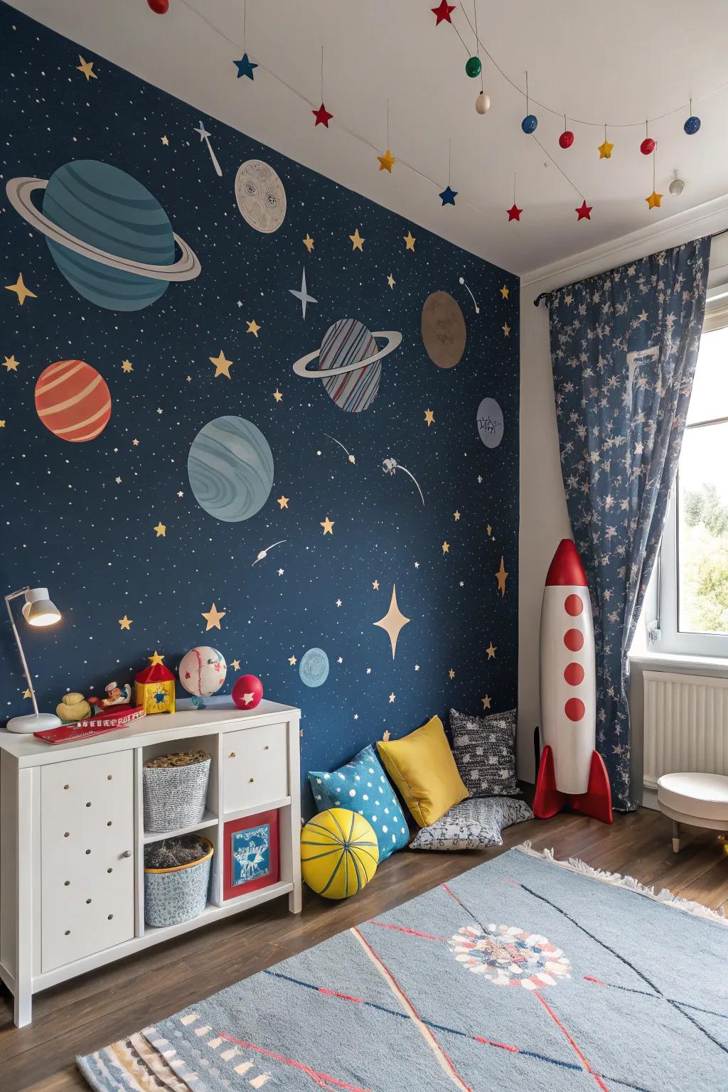 A child's space with cosmic galaxy wall covering, sparking imagination and play.
