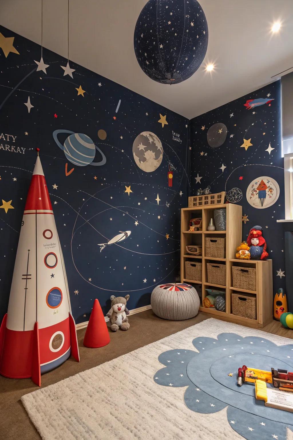 Celestial deep indigo wall coverings promotes cosmic adventures.