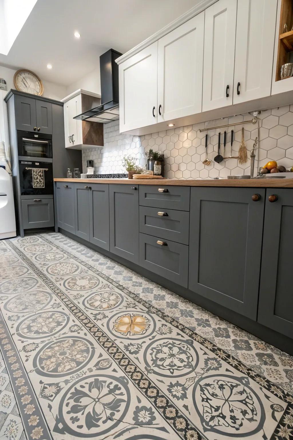 Patterned flooring introducing a dynamic touch to the kitchen's design.