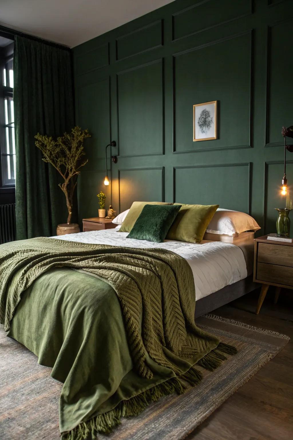A shadowy jade bedroom showcasing an olive verdant toss blanket appending warmth and design.