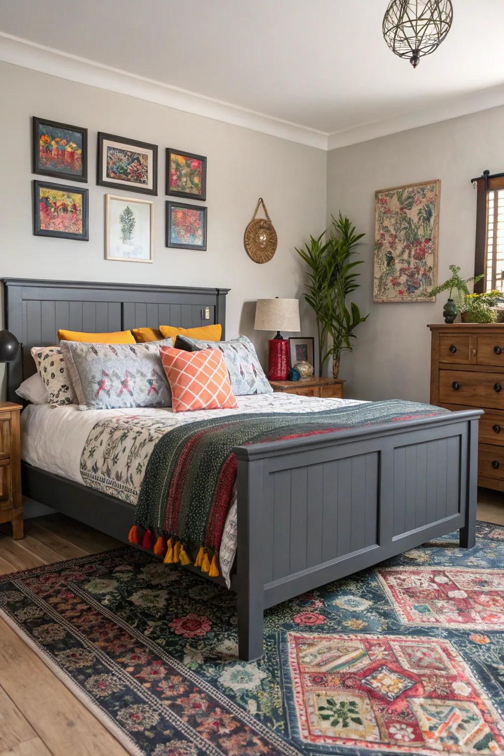 A varied assortment of styles introduces personality to a grey-themed bedroom.