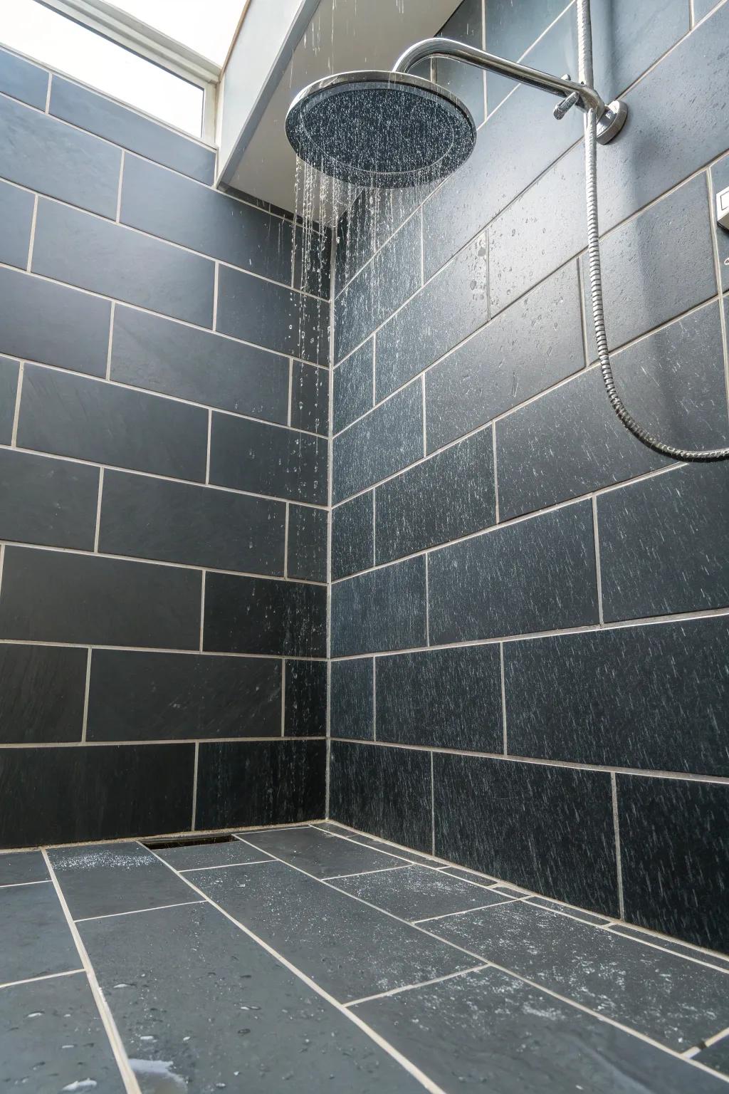 Continuity between ground and wall tiling improves the unity of the area.