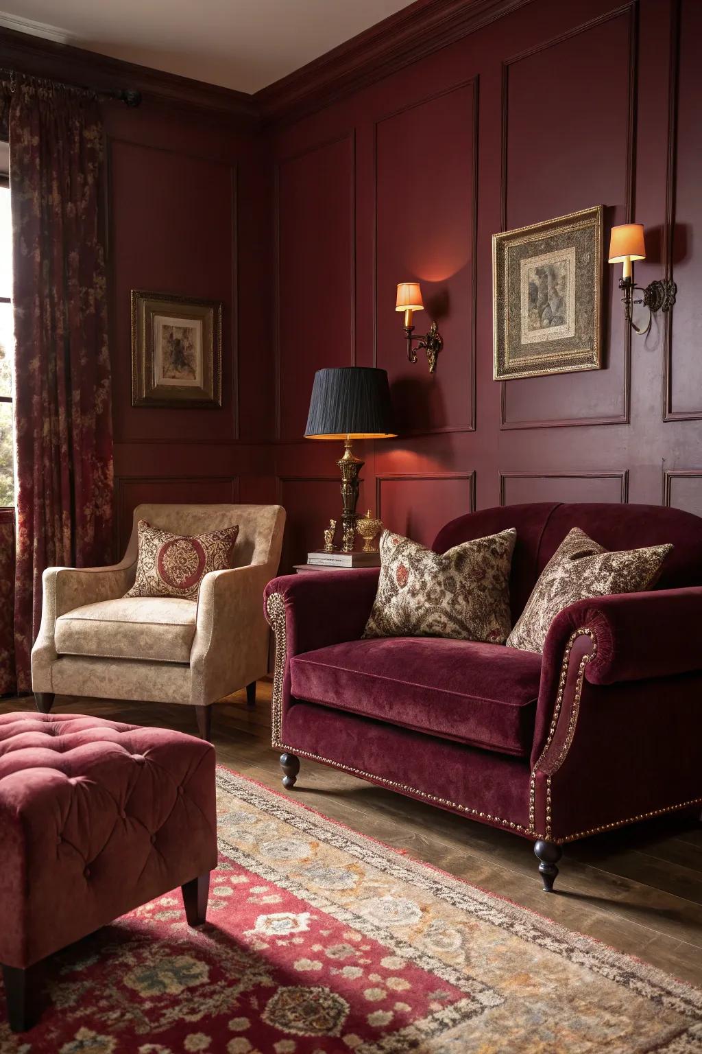 A rich wine living space featuring sumptuous plush decor.