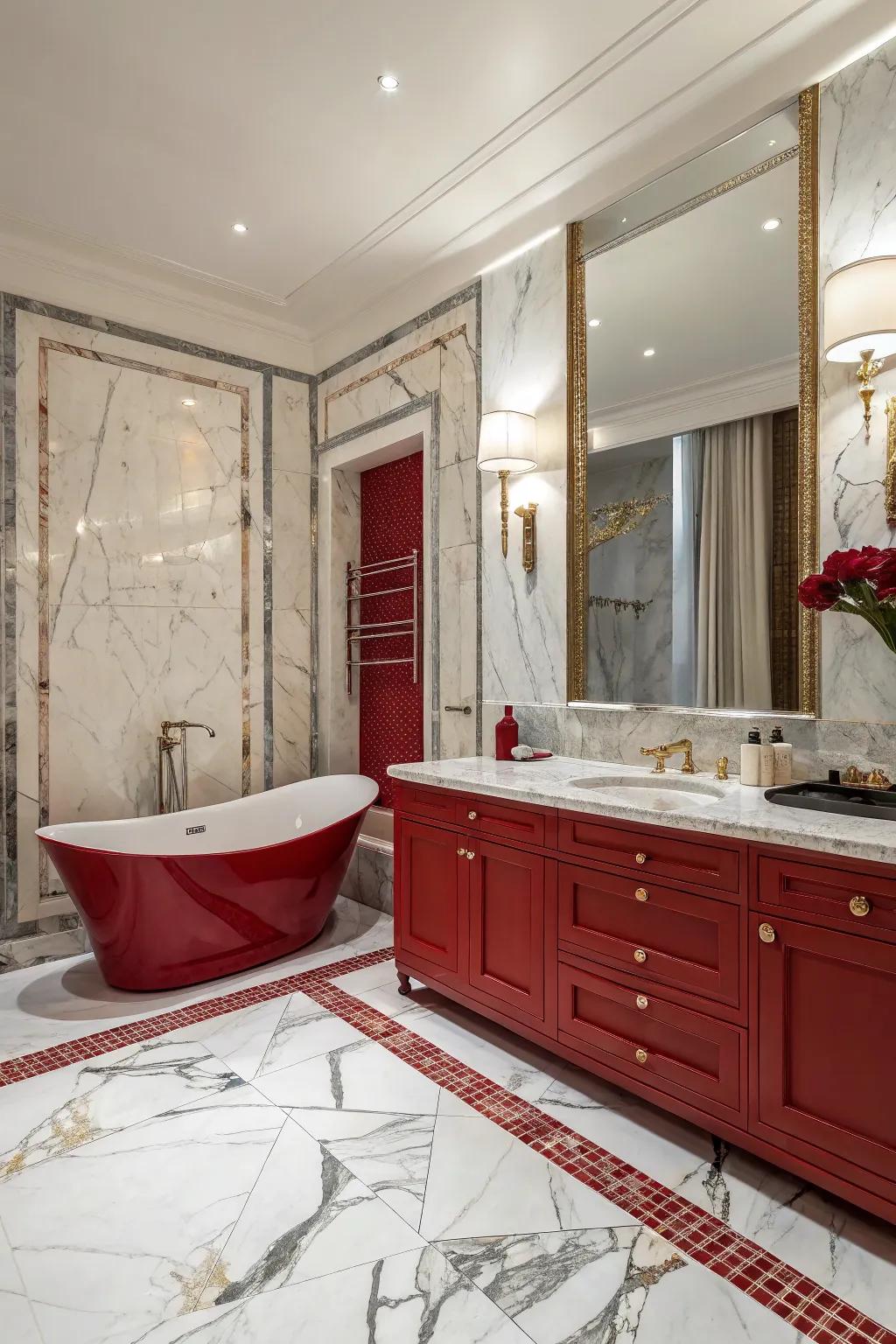 Crimson and marble amalgamate for a lavish and timeless restroom.