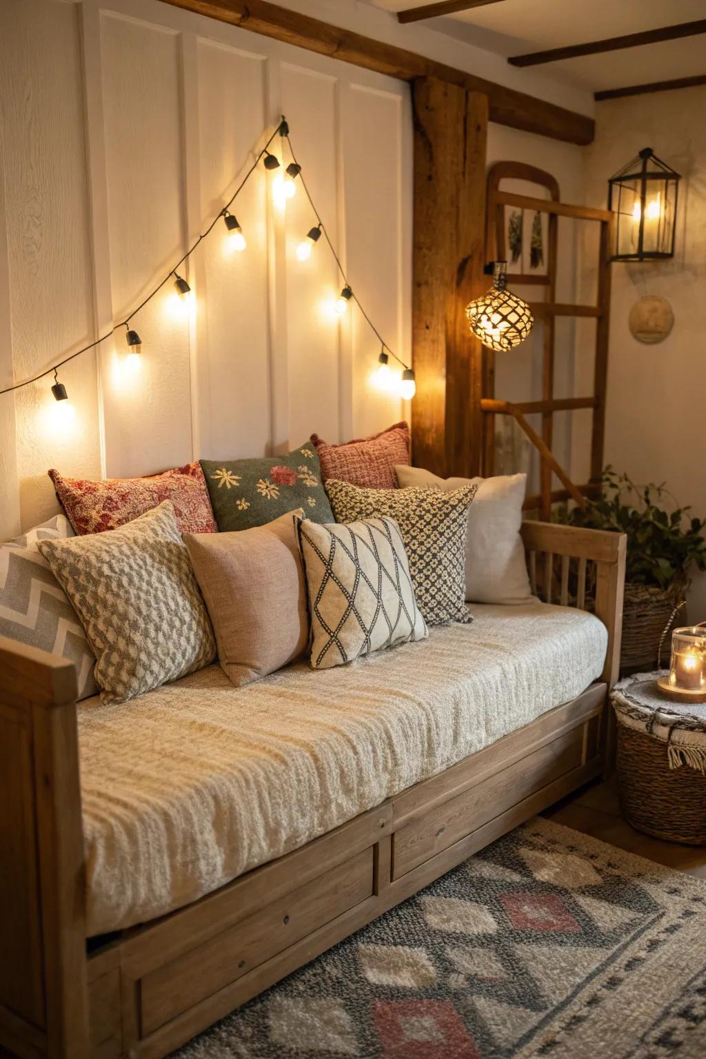 A daybed transforms an unoccupied angle into a cozy sanctuary.