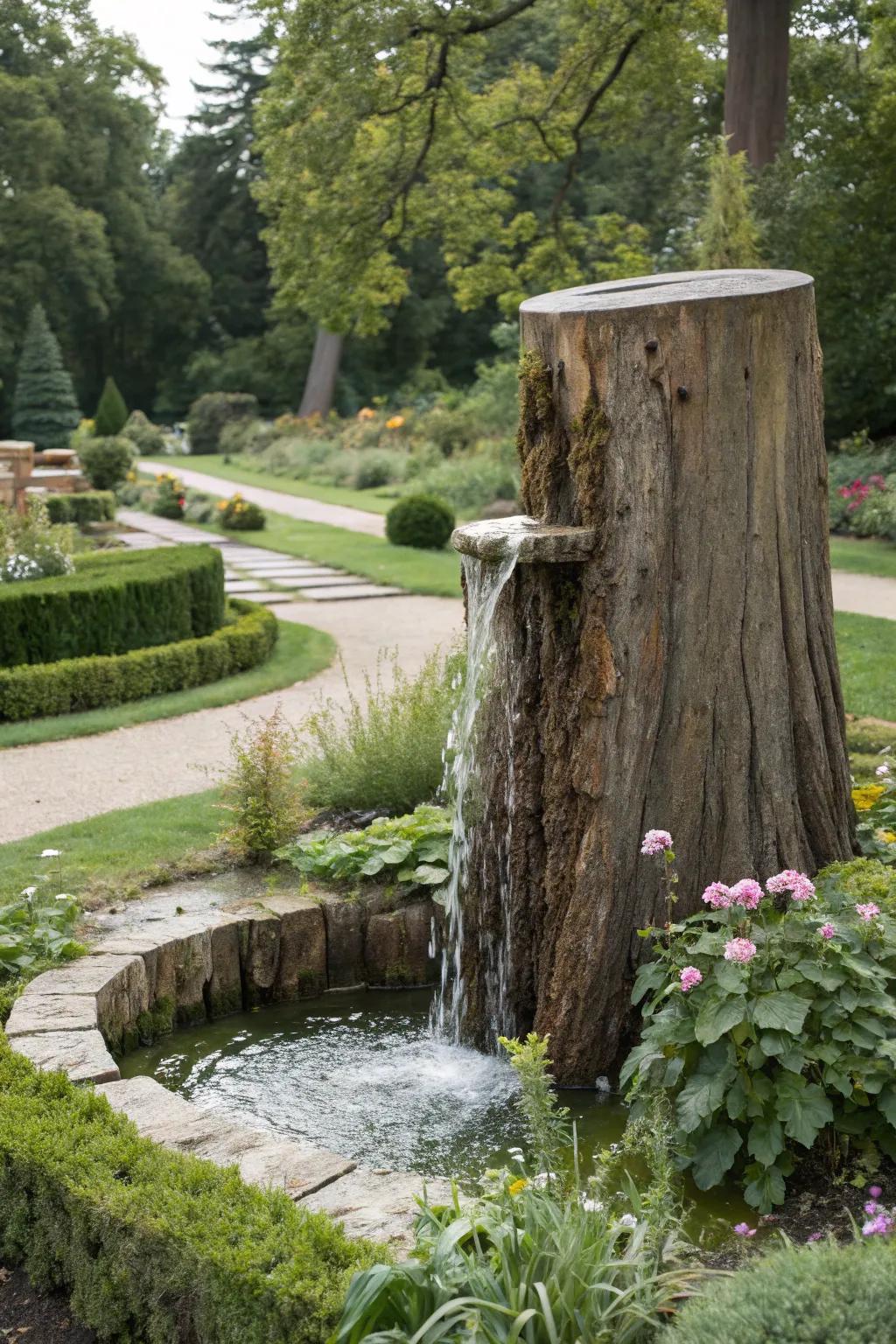 Elevate tranquility with a water feature on a tree stump.