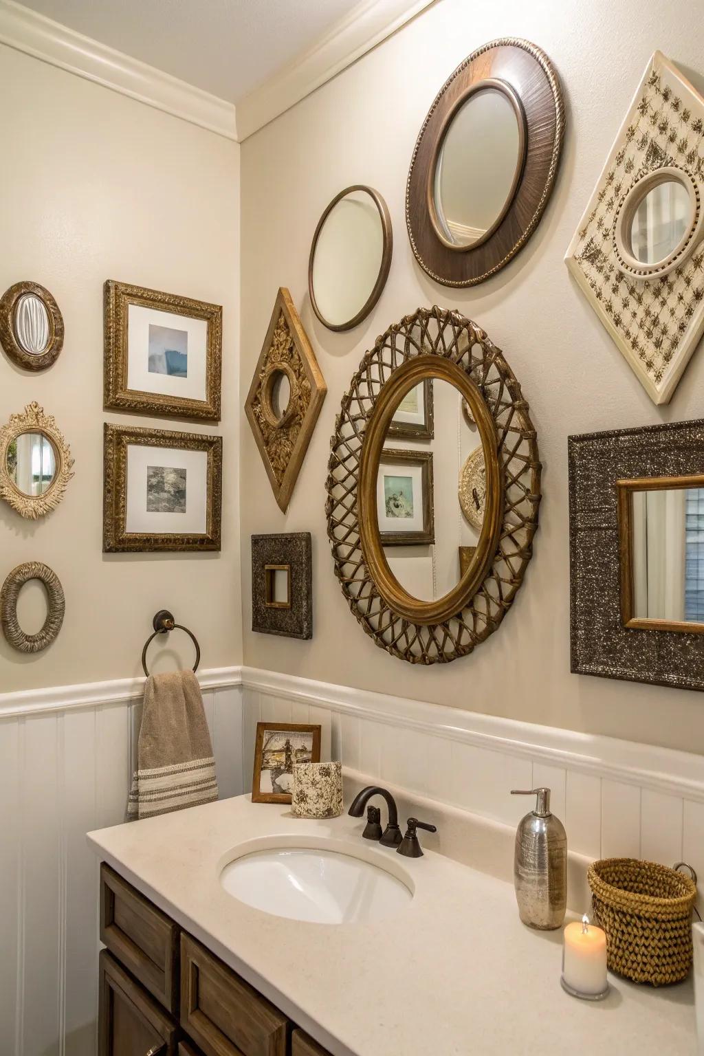 A curated collection of mirrors imparts whimsy and charm.