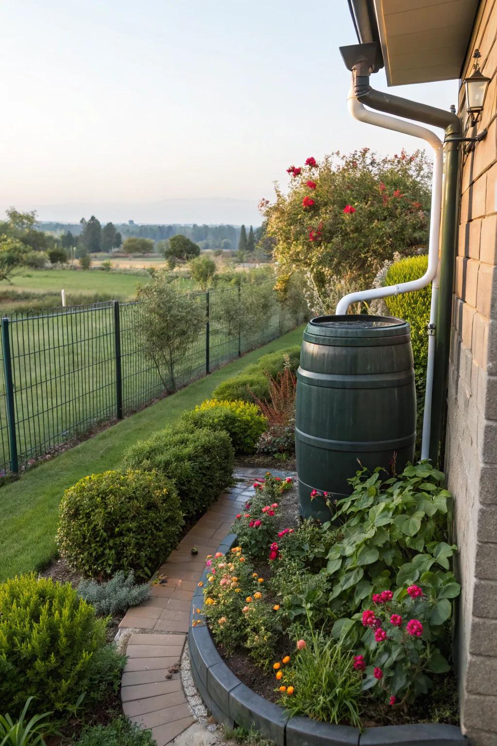 Rainwater barrels provide eco-friendly charm and utility.