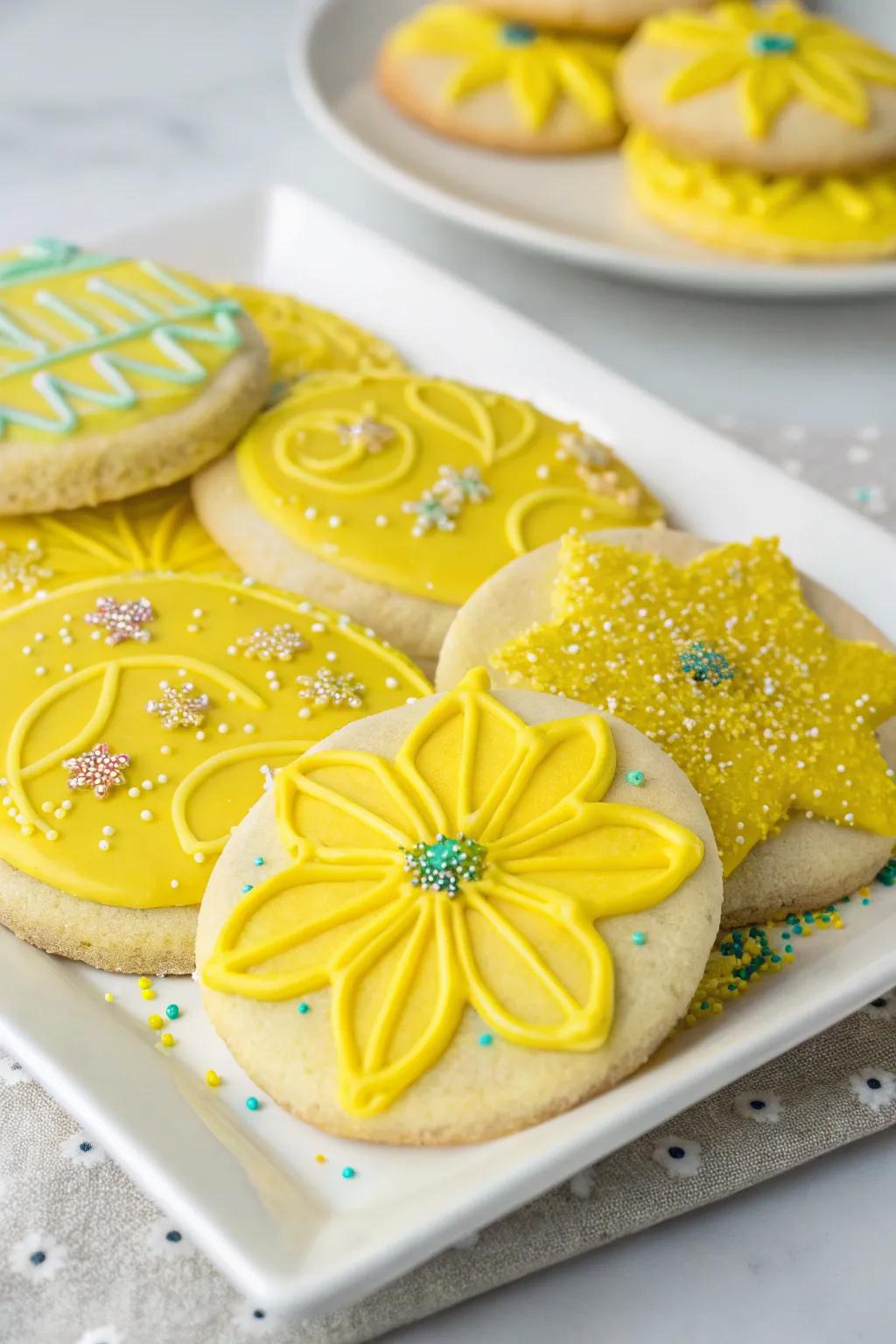 Crumbly sweets ornamented with aureate icing and palatable shimmer.