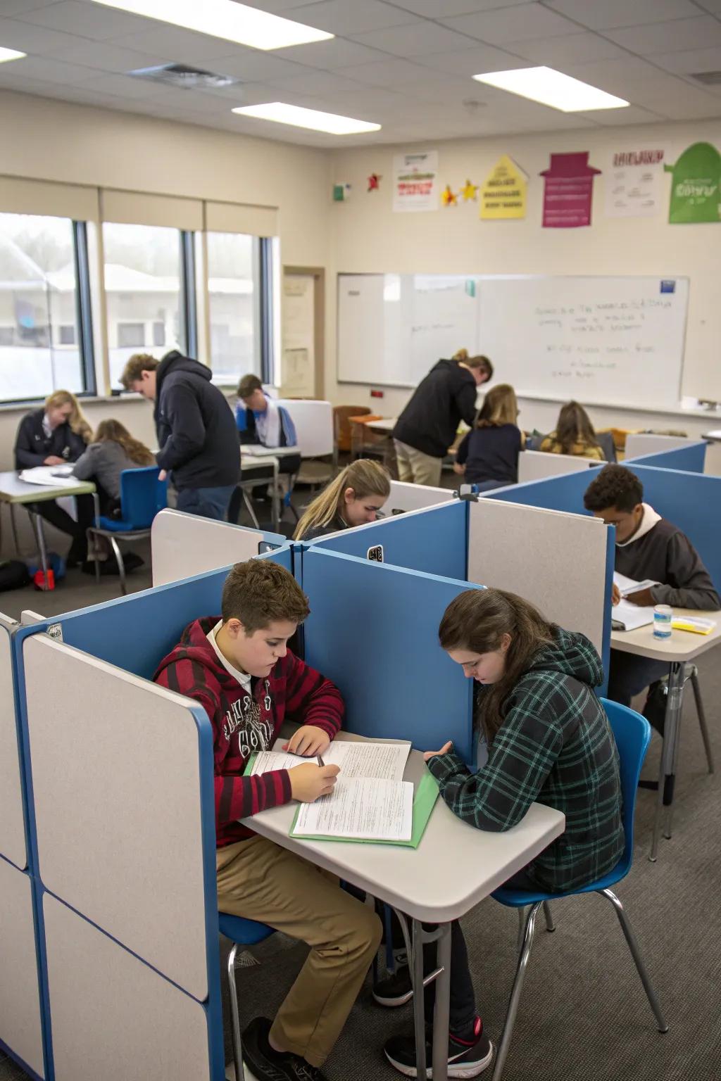 Island pod desk arrangements forge focused, collaborative educational zones.