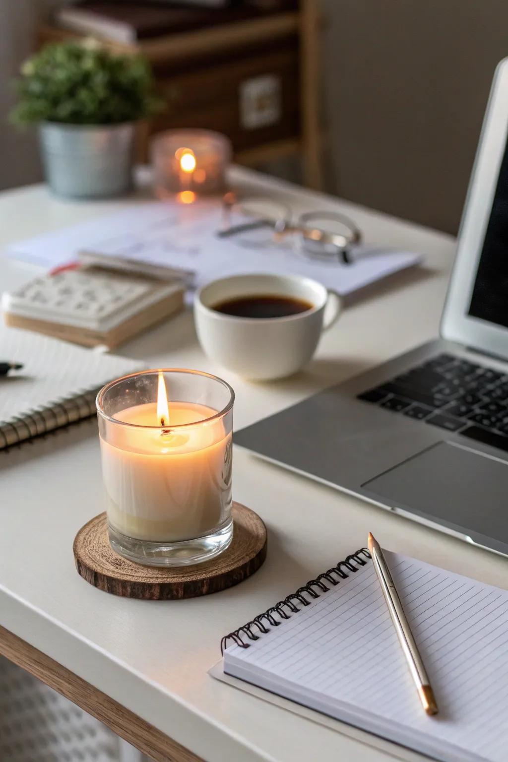 An aromatic wax warmer casting a comforting fragrance into the workspace.