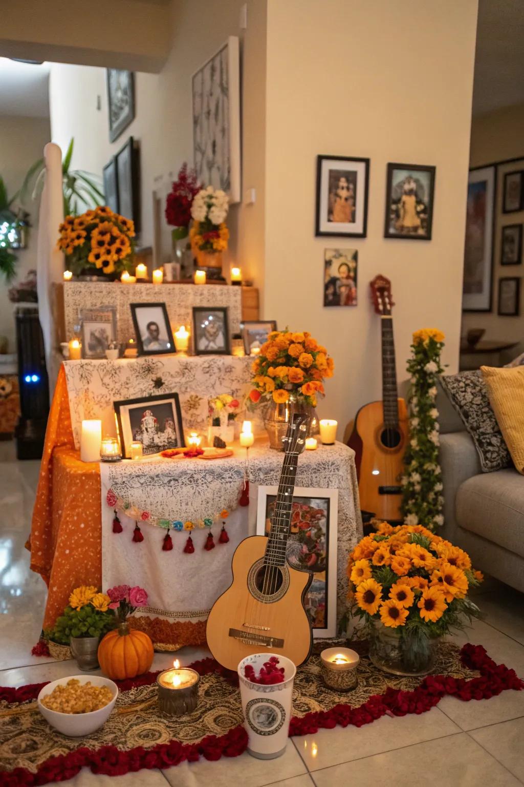 Melodic elements animate the altar and honor loved ones.
