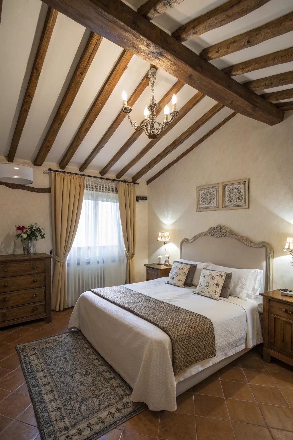 A decorative ceiling includes architectural interest to a bed at an angle.