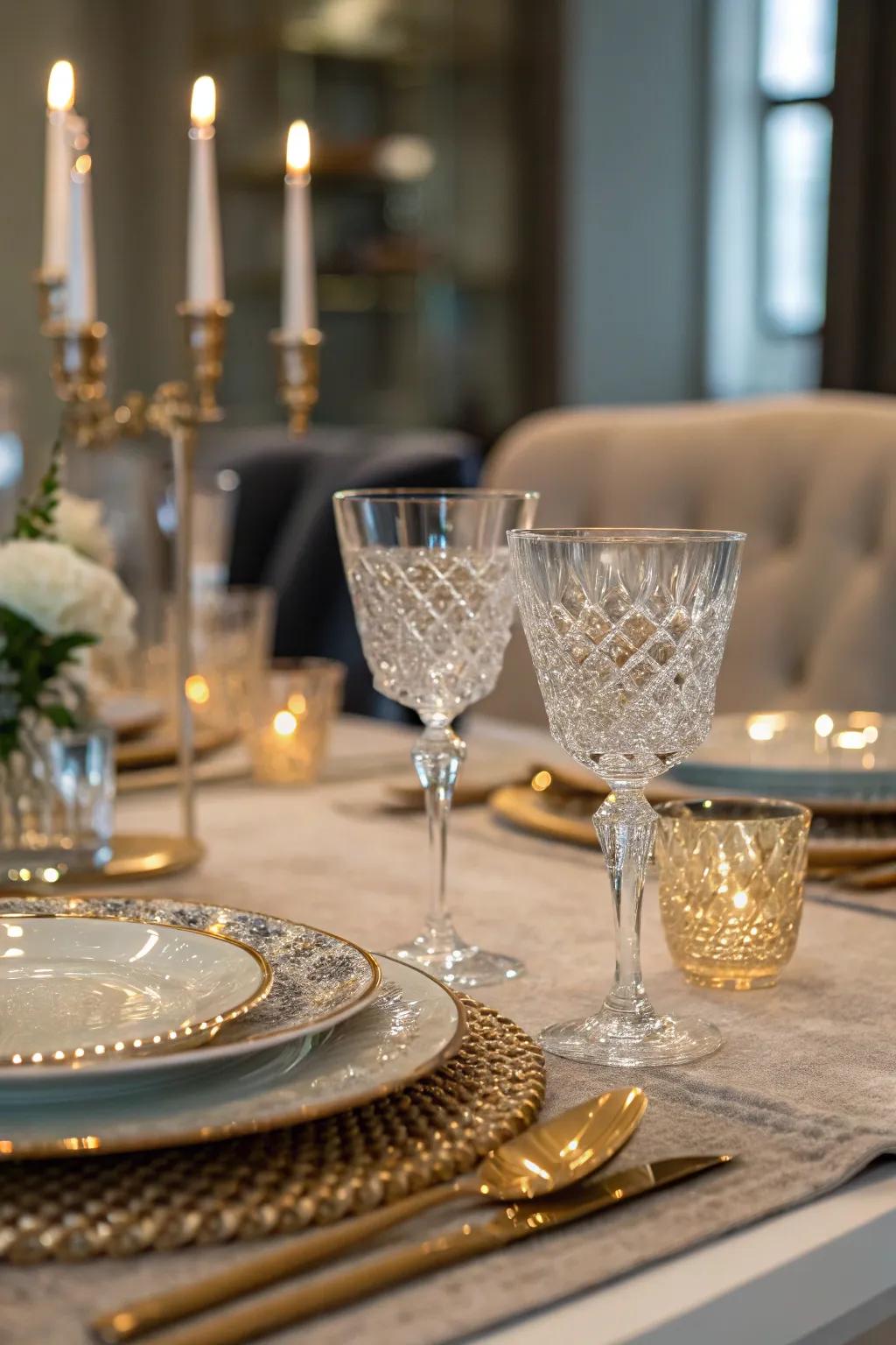 Glass and crystal accents for a sophisticated sparkle.