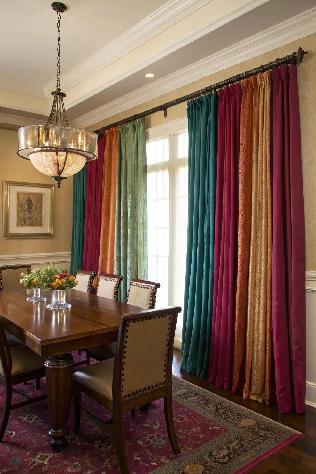 Jewel-toned coverings adding luxury to the dining room.
