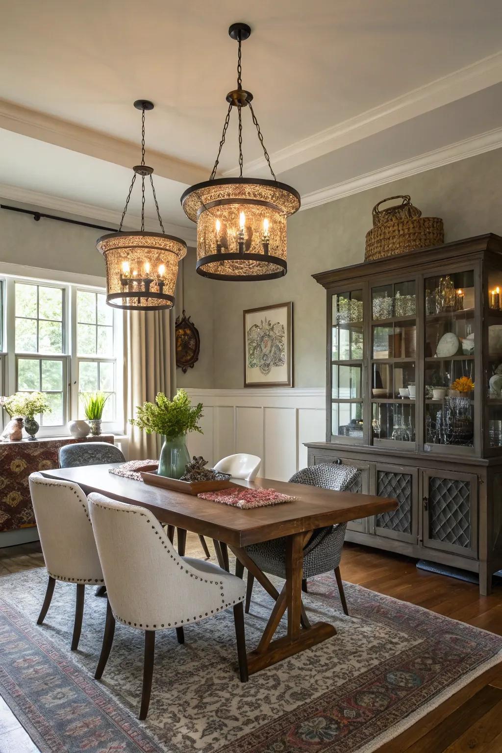 The dining area is given a distinctive and personal touch by the blending of styles.