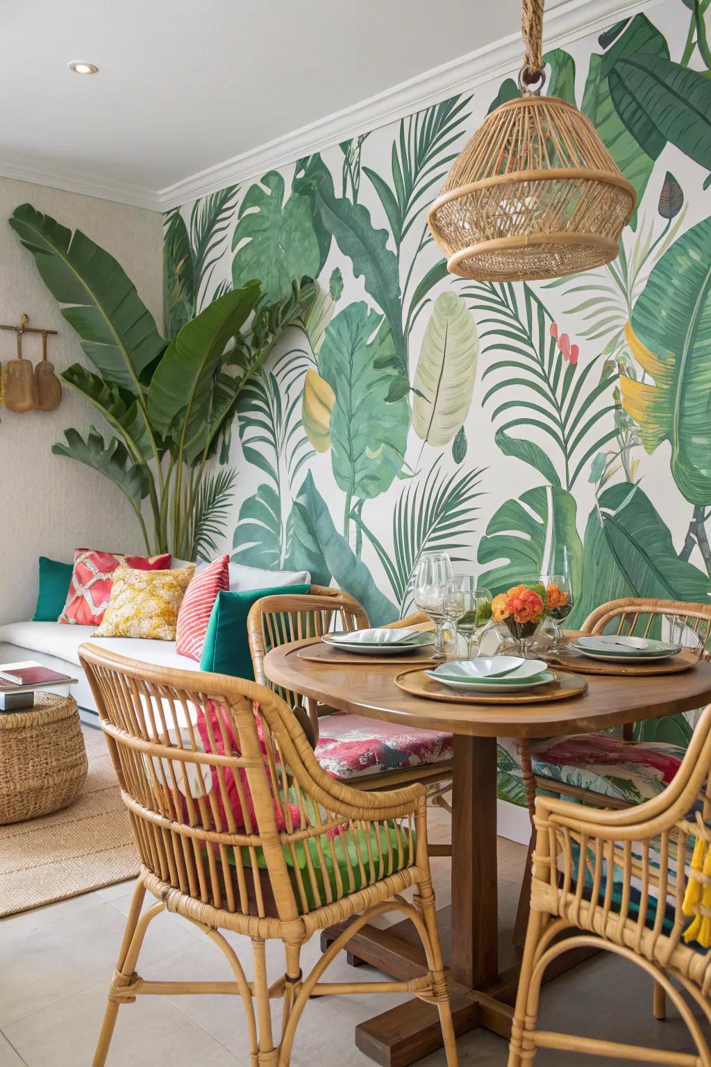 Imagery from lush, tropical locales transforms the dining room into an island escape.