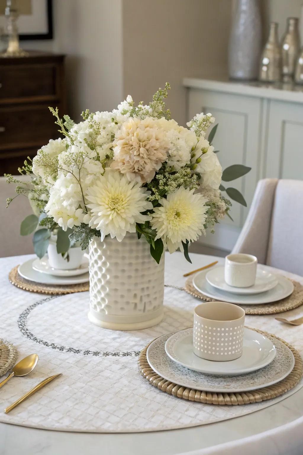 A single-color scheme delivers a sleek and harmonious dining table arrangement.
