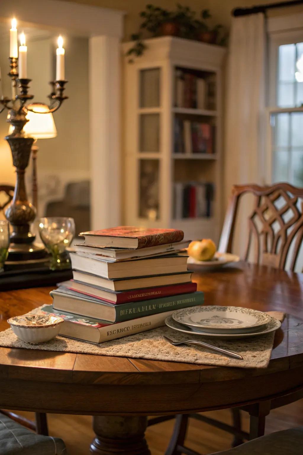 A dining table featuring a stack of favorite books.