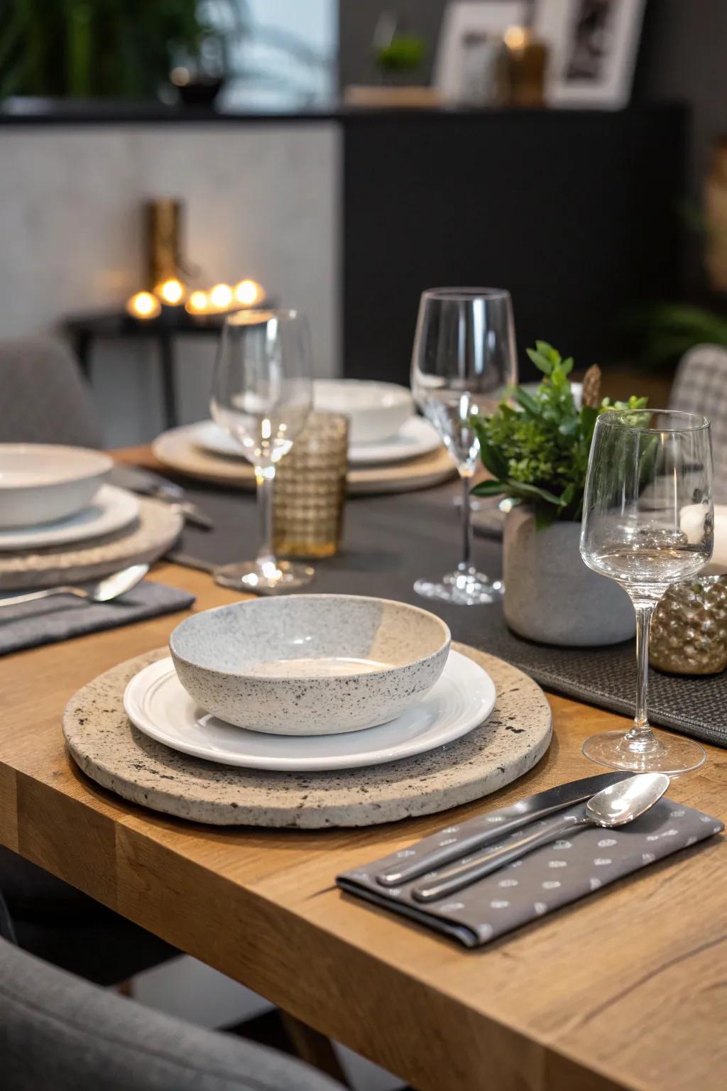 Unconventional materials like solidified clay lending an edgy feel to the table.