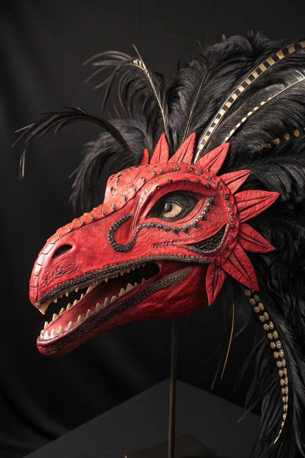 Let loose your inner actor with this stage dino mask, where vivid reds and black feathers create an unforgettable impression.