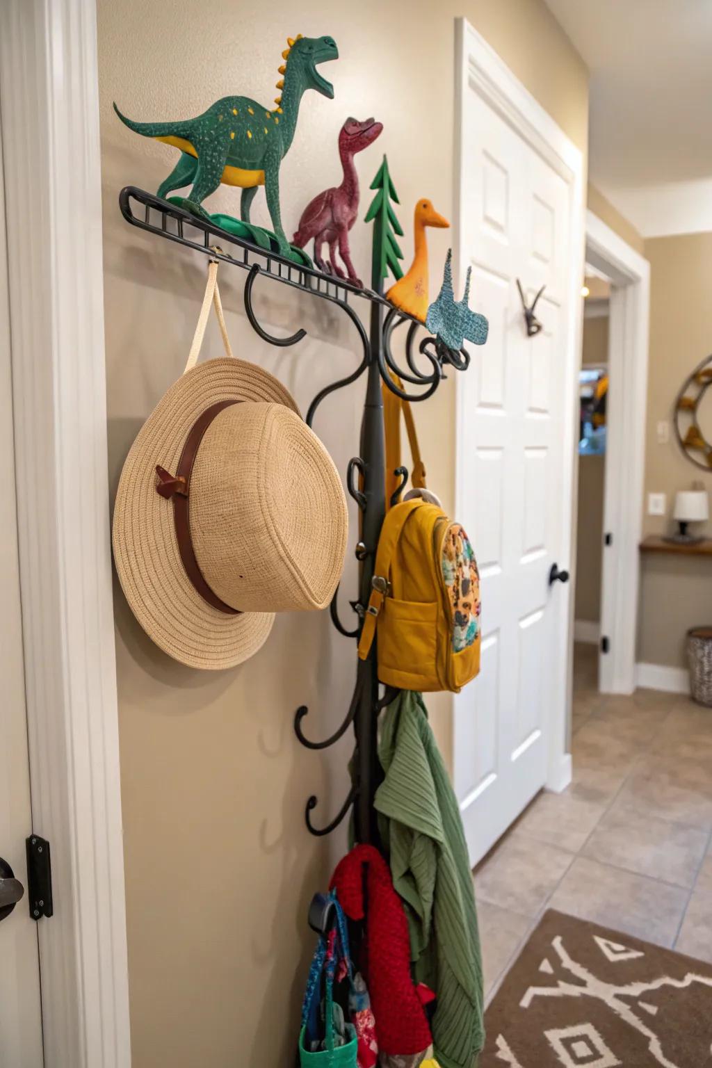 A dinosaur-themed hat rack contributing enjoyment to arrangement.