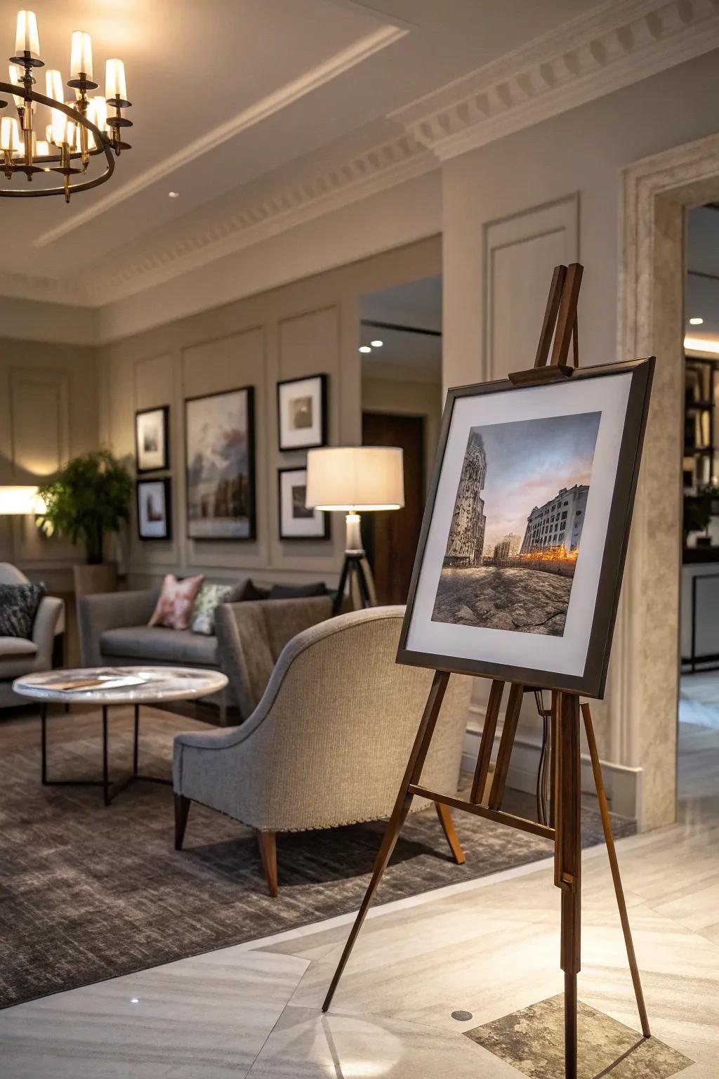 Art thoughtfully displayed on stands, infusing a gallery-like ambiance into the home.