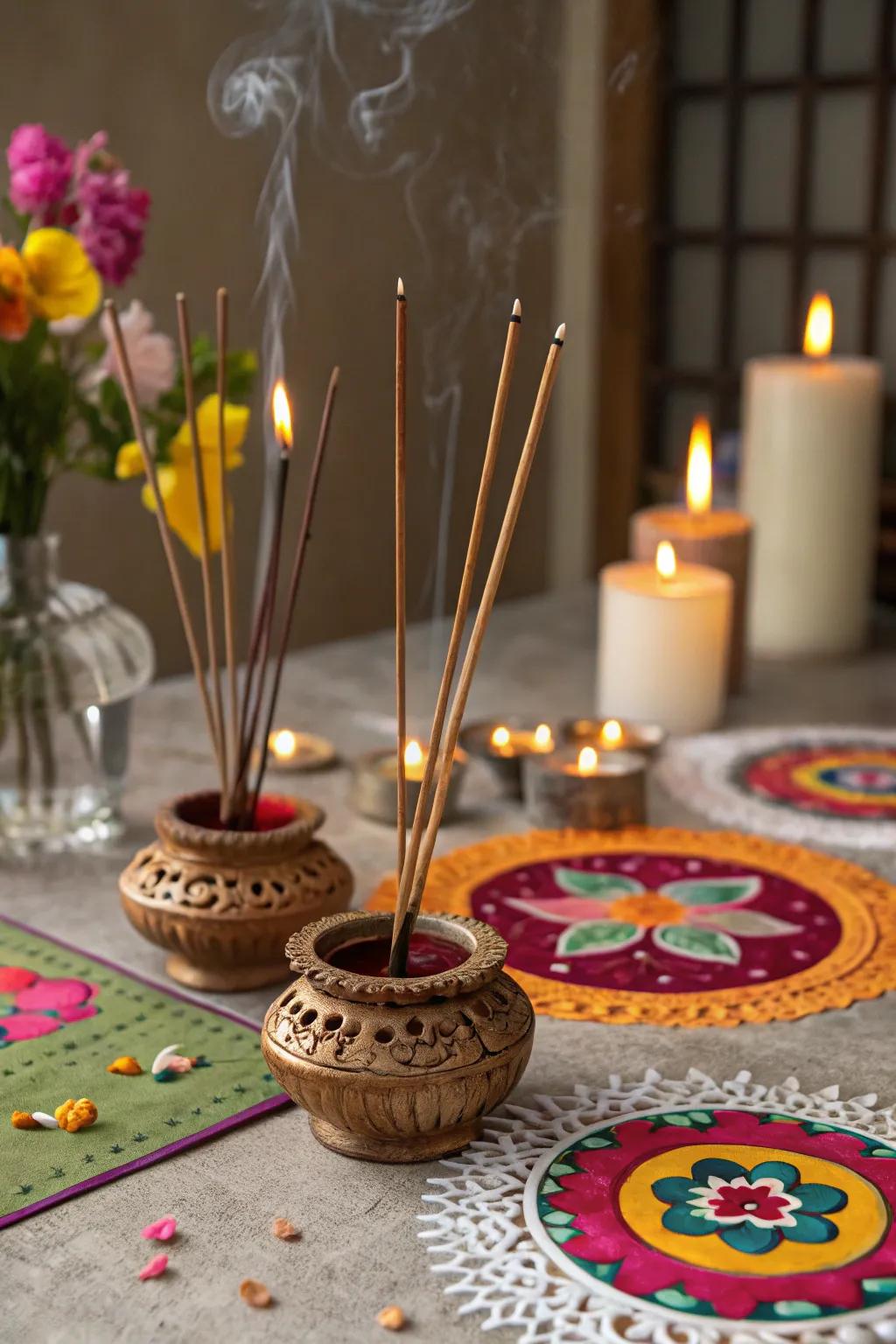 Scented sticks in ornamental holders fashion a calming and aromatic atmosphere on the table.