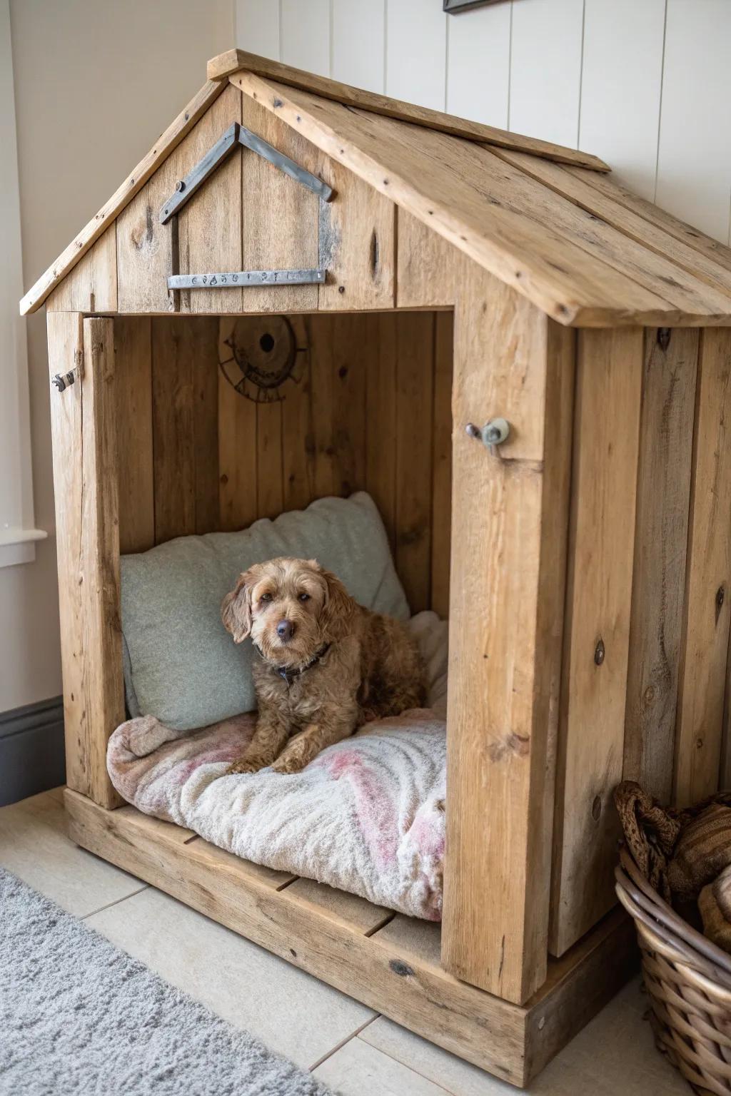 A rustic timber canine niche uniting natural textures with inviting solace.